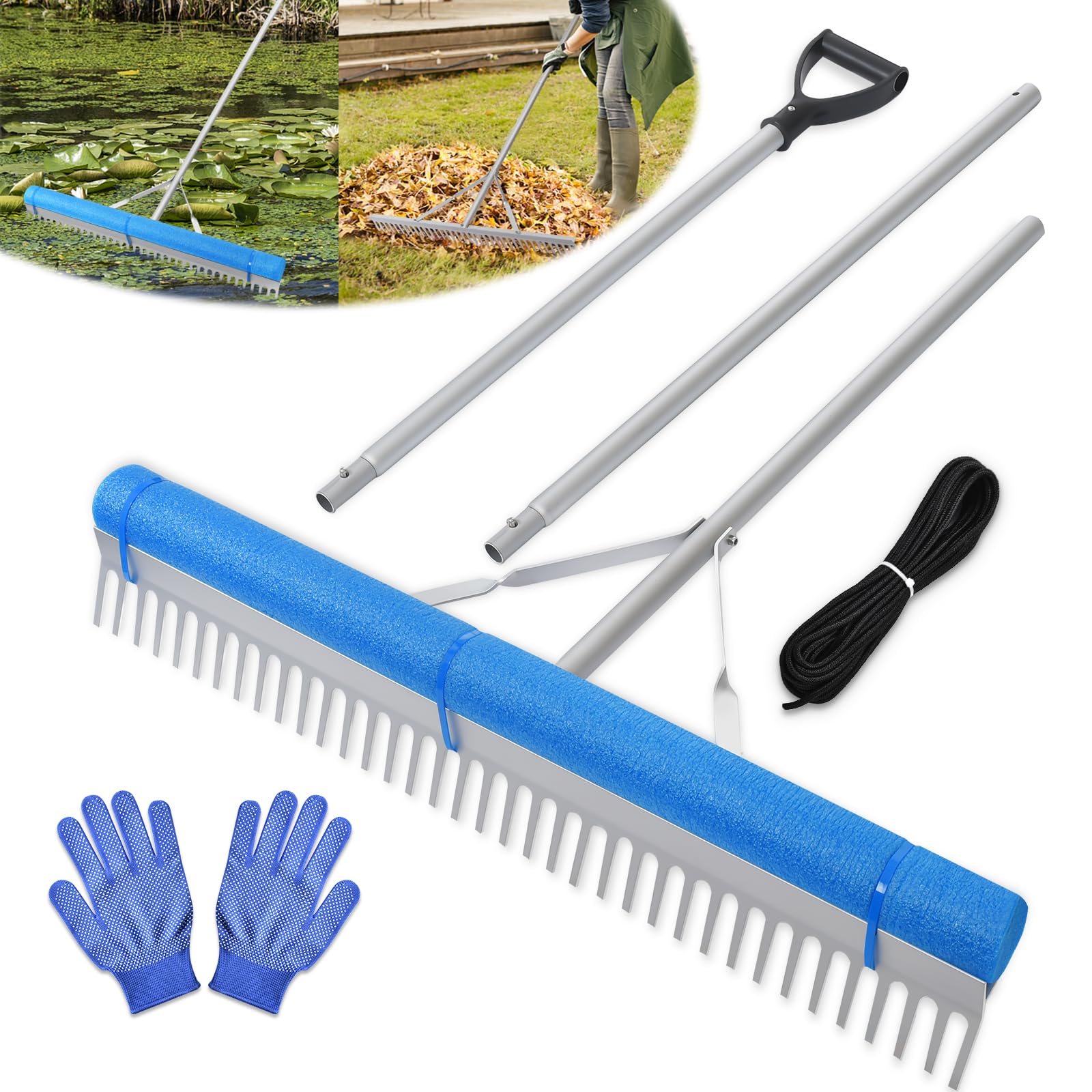 ZZM floating lake rake front view showing full 36 inch head for efficient clearing