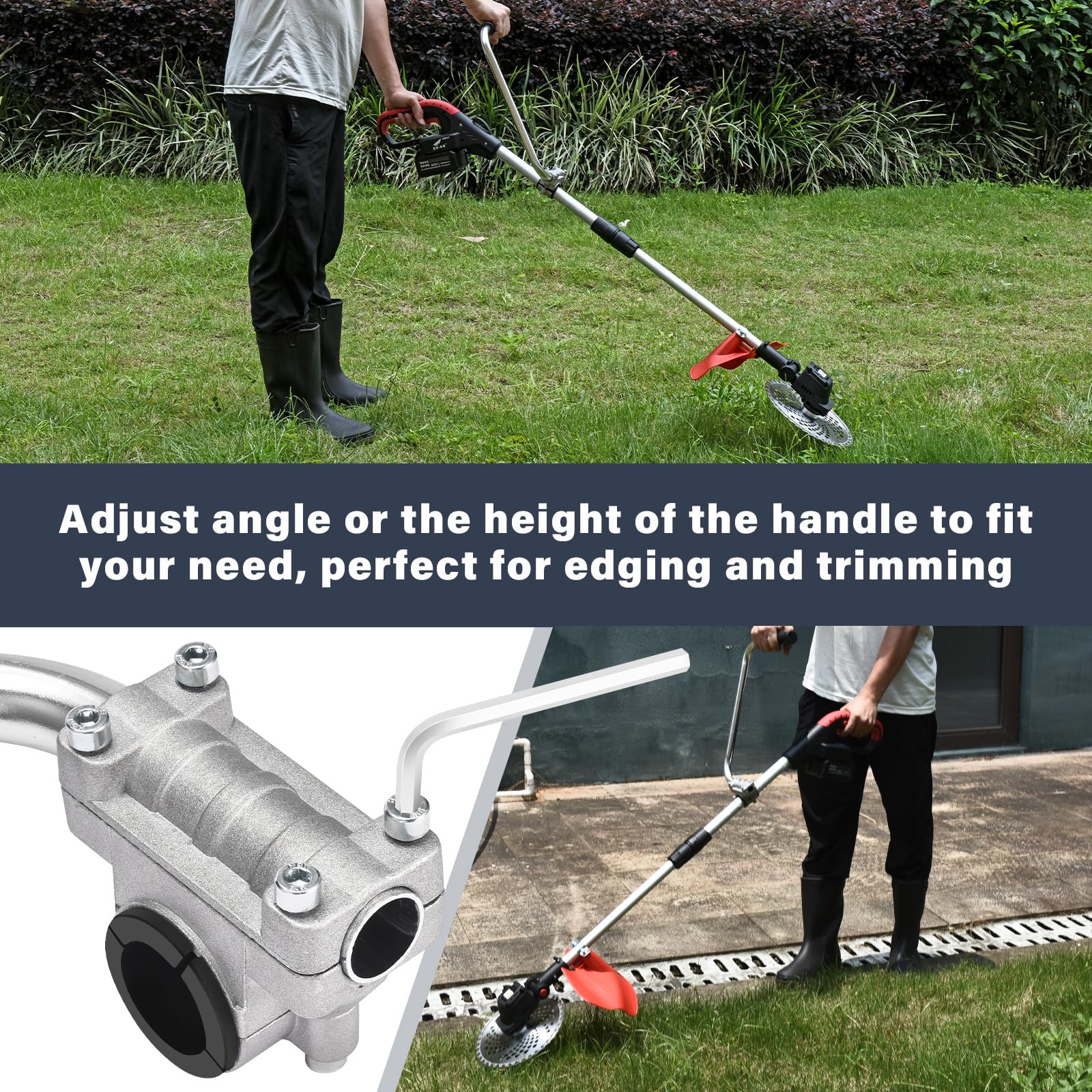 ZZM trimmer grip in use during lawn trimming for reduced arm fatigue
