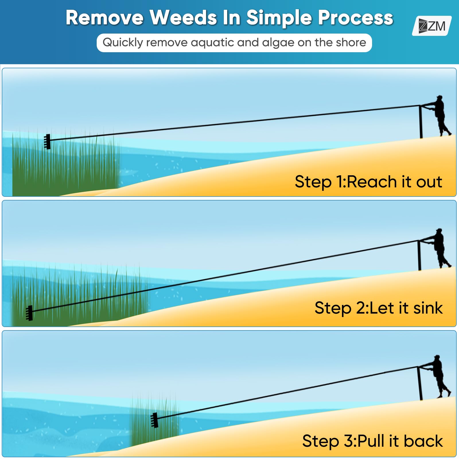 ZZM rake pulling algae from pond illustrating effective vegetation removal