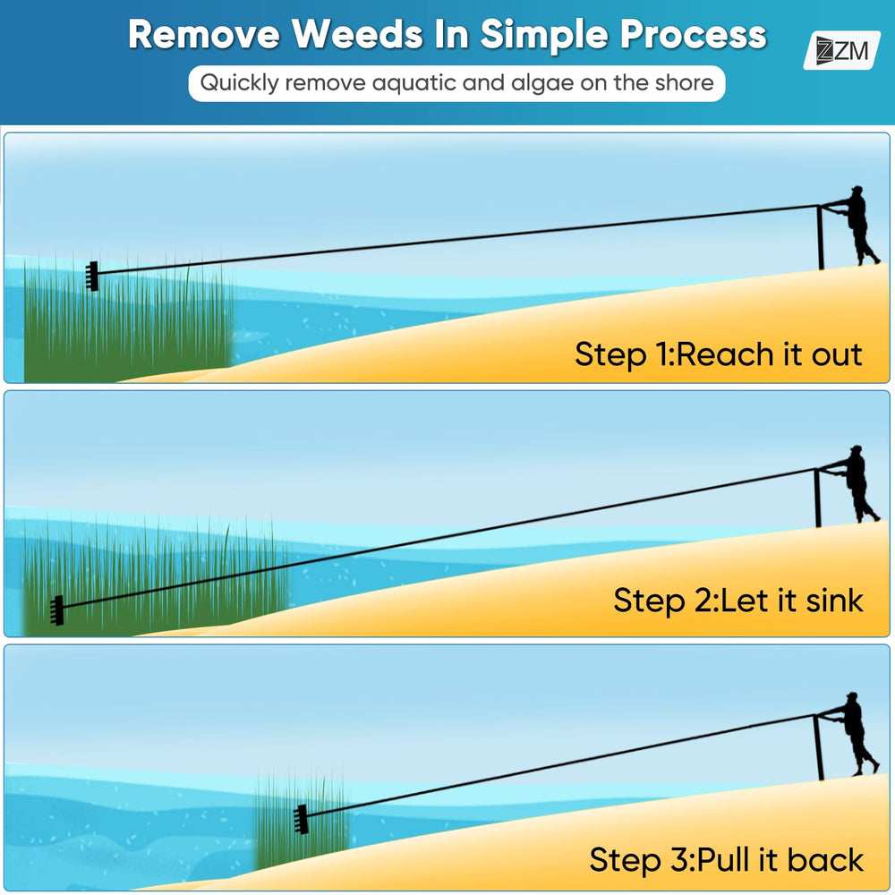 ZZM rake pulling algae from pond illustrating effective vegetation removal
