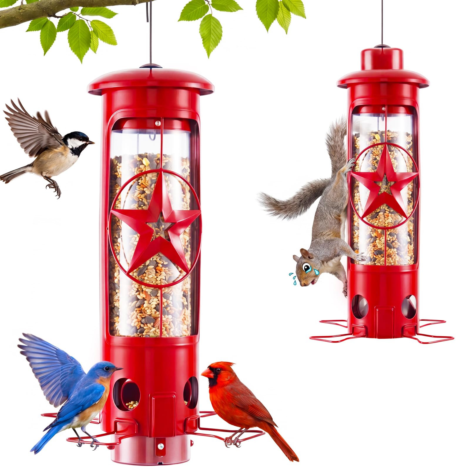 ZZOOEE front view red tube feeder showing bird ports and roof benefit: easy spotting