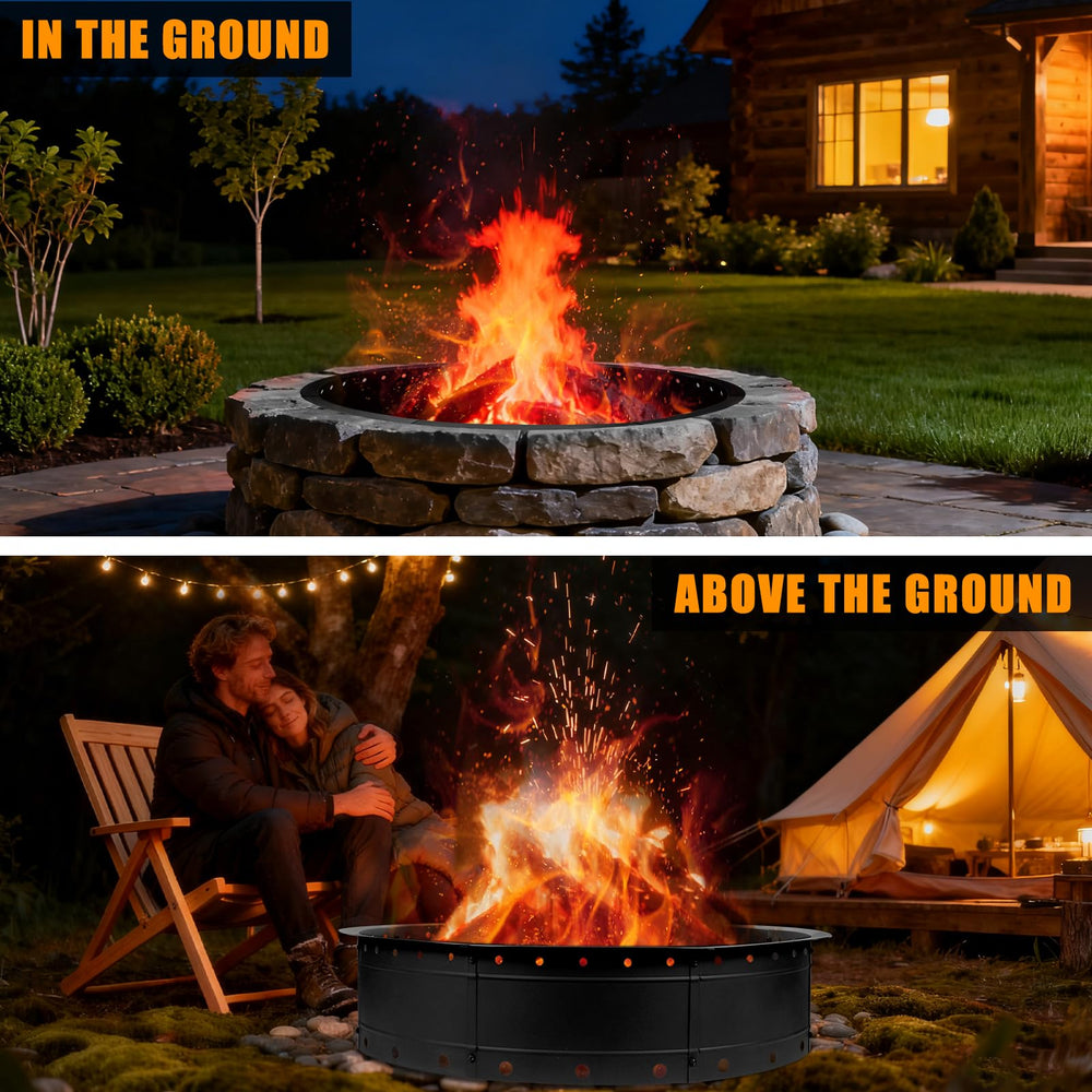 Zzuvjoy fire pit ring in use on a backyard patio with roaring wood fire for cozy outdoor gatherings